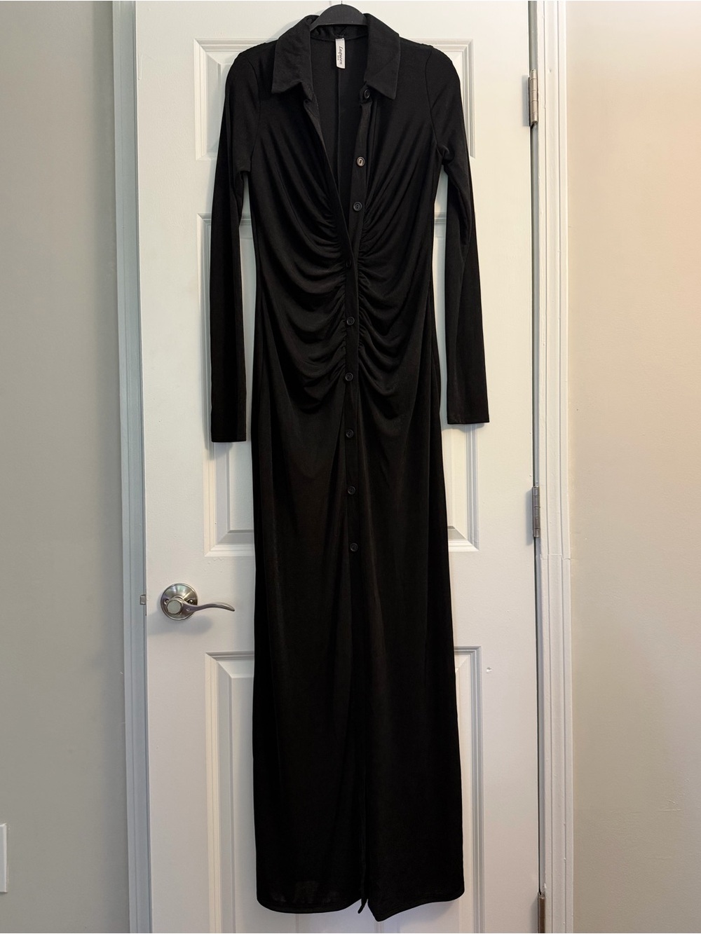 Black Ruched Front Long Sleeve Maxi Dress - Picture 2 of 4